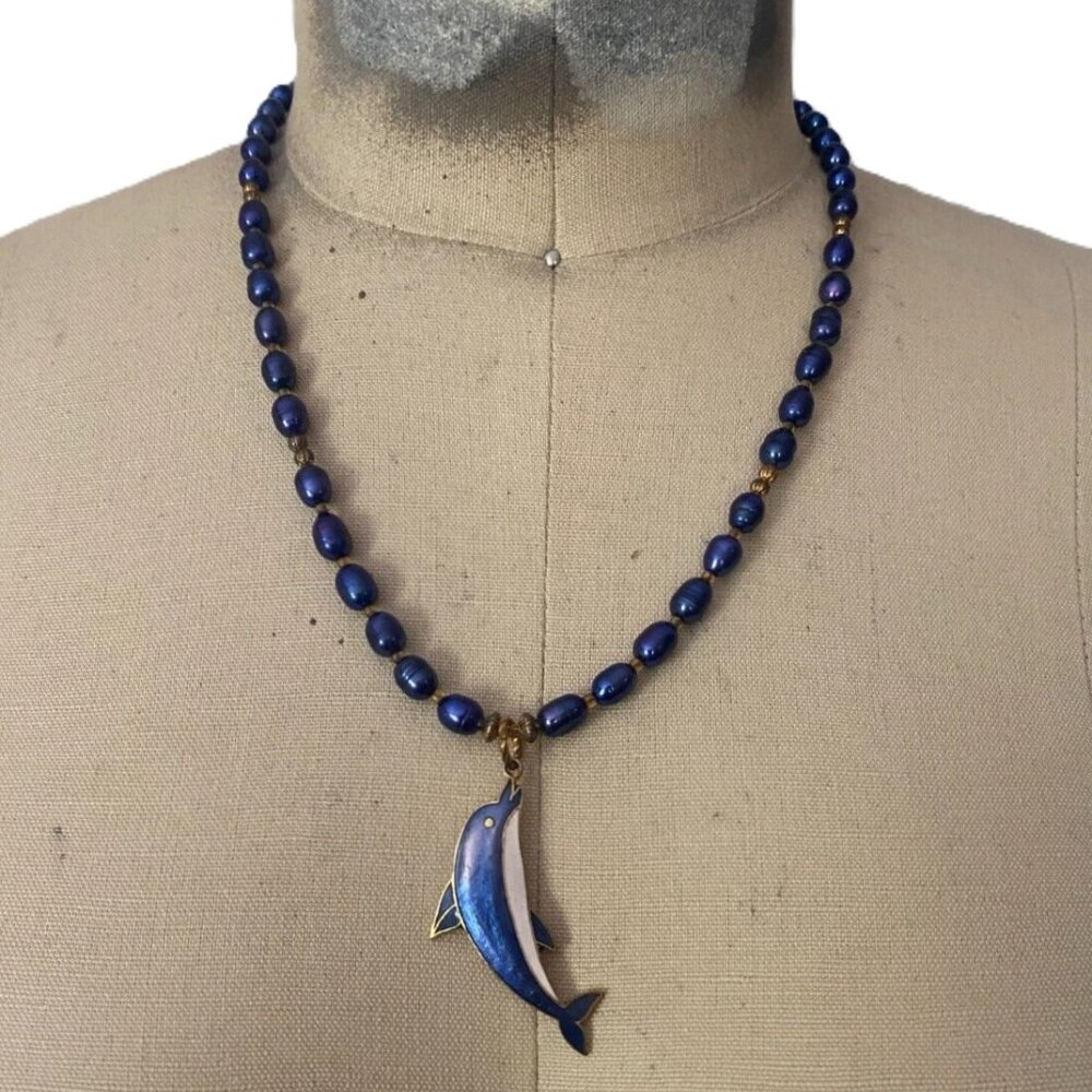 VINTAGE 1990s Moonstone Indigo Blue Oval Bead DOLPHIN Pendant Collar Necklace